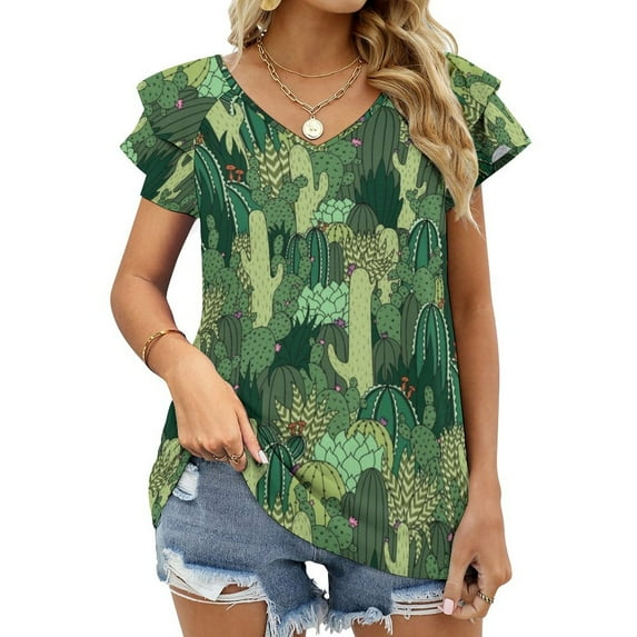 Cactus Pattern Ruffle Short Sleeve T-Shirt V Neck Shirts Pattern Cute Tops Casual Tee Cactus Cacti Cactuses Cacti Pattern