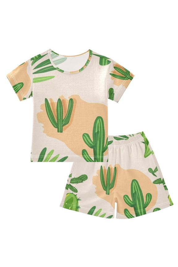 Cactus Pattern Summer Pajama Set Soft Cotton Short Sleeve Sleepwear 2PCS Pajama Sets Breathable Lounge Set Size 5Y
