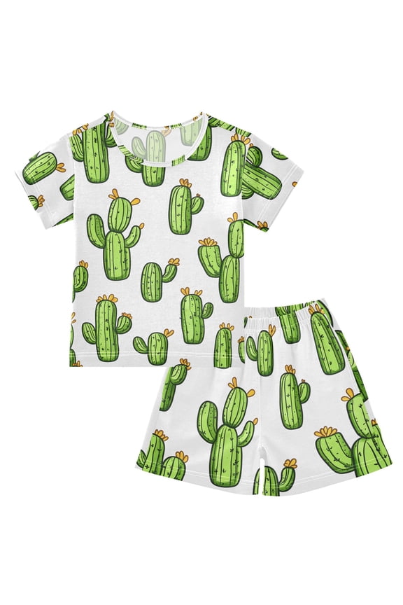 Cactus Pattern Summer Pajama Set Soft Cotton Short Sleeve Sleepwear 2PCS Pajama Sets Breathable Lounge Set Size 5Y