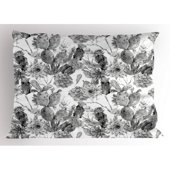 Cactus Pillow Sham Boho Chic Style Monochrome Cactus Flowers and Feathers Exotic Botanical Vintage, Decorative Standard Size Printed Pillowcase, 26 X 20 Inches, Grey White, by Ambesonne