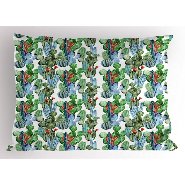 Cactus Pillow Sham Hawaiian Summer Inspired Pattern Blossoms with Botany Theme Watercolors Tropics, Decorative Standard Size Printed Pillowcase, 26 X 20 Inches, Multicolor, by Ambesonne