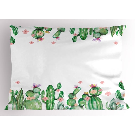 Cactus Pillow Sham Mexico Style Romantic Tender Blossoms and Barren Heath Natural Vegetation, Decorative Standard Queen Size Printed Pillowcase, 30 X 20 Inches, Green Coral Lavender, by Ambesonne