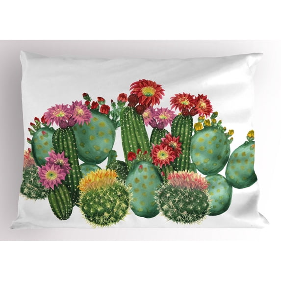 Cactus Pillow Sham Saguaro Barrel Hedge Hog Prickly Pear Opuntia Tropical Botany Garden Plants Print, Decorative Standard Queen Size Printed Pillowcase, 30 X 20 Inches, Multicolor, by Ambesonne