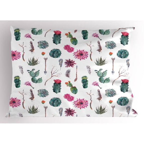 Cactus Pillow Sham Vintage Botanical Pattern Arrows Feathers Succulent Twigs Hawaii Spring Tropics, Decorative Standard Queen Size Printed Pillowcase, 30 X 20 Inches, Multicolor, by Ambesonne