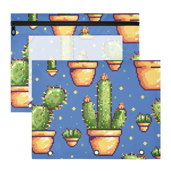 Cactus Pixel Style 3-Ring Binder Pouches A4 Size Zipper Pocket File Storage 2 Packs