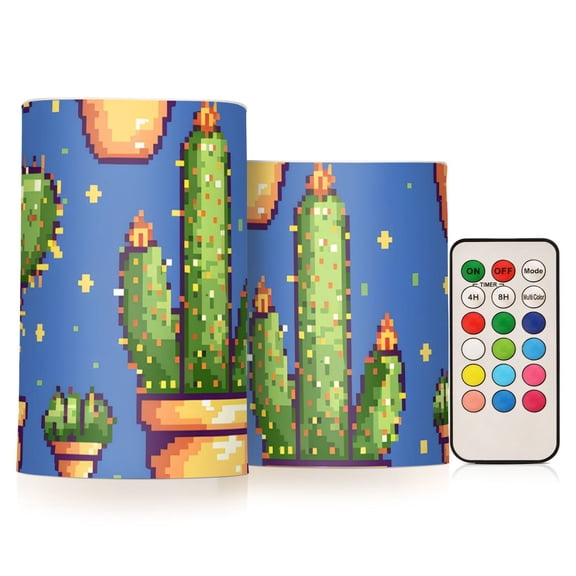 Cactus Pixel Style Flickering Flameless Candles LED Tealight Battery Operated with Remote Set of 2 Holiday Decor Ornaments