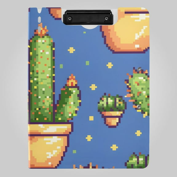 Cactus Pixel Style Foldable Binder Folder Clipboard with Pen Slot Double Clips A4 Size File Storage