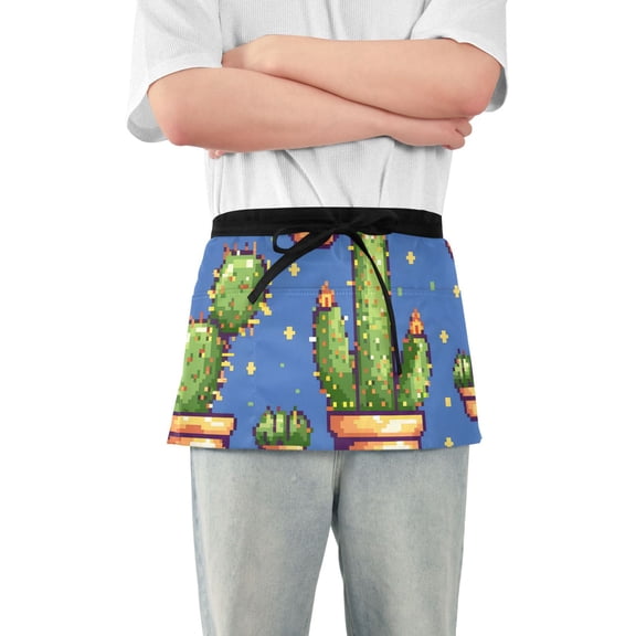 Cactus Pixel Style Short Server Apron with 3 Pockets for Unisex Chef Gardening