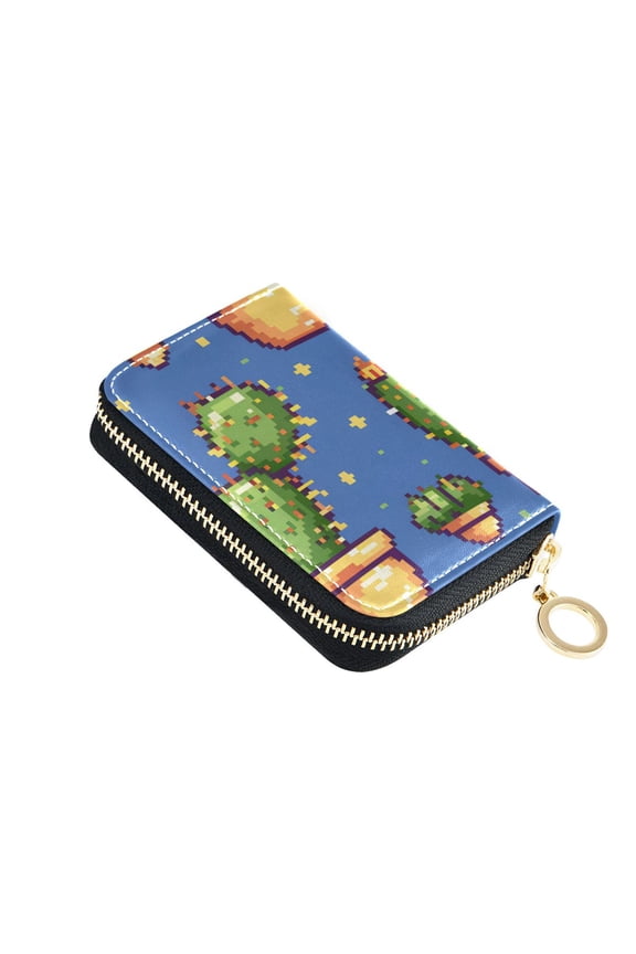 Cactus Pixel Style Women's Credit Card Holder PU Leather Zipper Wallet RFID Blocking