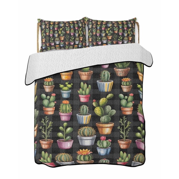 Cactus Plant 3 Piece Quilt Bedding Set with 2 Pillow Shams, Green Cactus Botanical Tropical Plant Black Background Lightweight Bedspread Coverlet, Soft Breathable All Season Quilt, 68 x 86 Inch