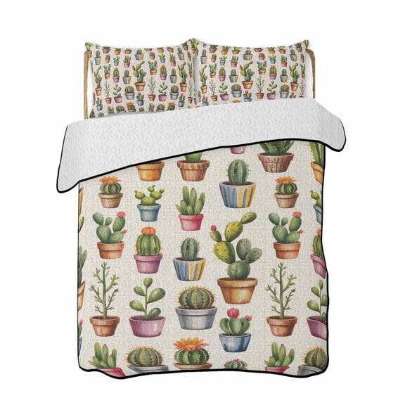 Cactus Plant 3 Piece Quilt Bedding Set with 2 Pillow Shams, Green Cactus Botanical Tropical Plant Vintage Linen Lightweight Bedspread Coverlet, Soft Breathable All Season Quilt, 68 x 86 Inch