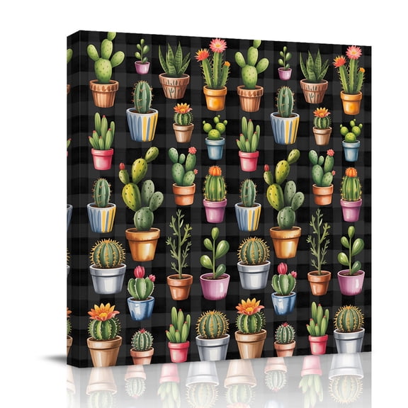 Cactus Plant Canvas Wall Art for Living Room, Green Cactus Botanical Tropical Plant Black Background Poster Print Painting for Bedroom Office Home Decoration Wall Pictures Prepare To Hang 8"x8"