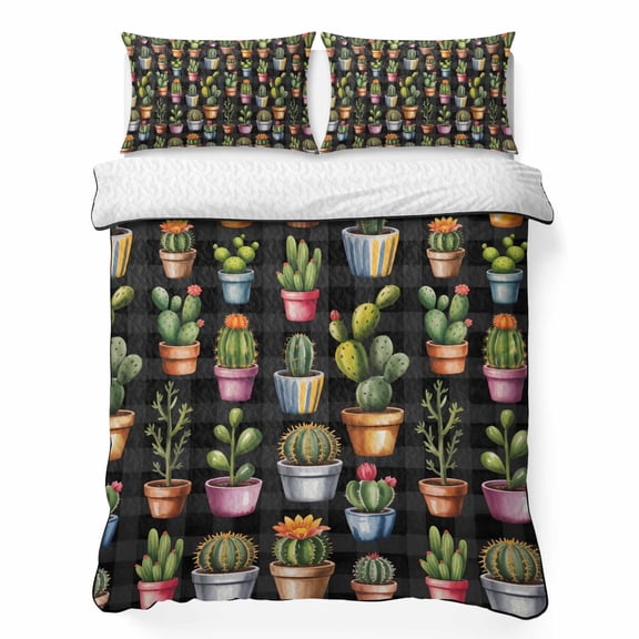 Cactus Plant King Quilt Bedding Set, Green Cactus Botanical Tropical Plant Black Background Lightweight Comforter with 2 Pillow Shams Bedroom Bedspread Set Home Decor for All Seasons