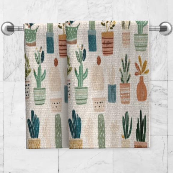 Cactus Plant Kitchen Towel Set of 2, 16x24 Inch Polyester Absorbent Dish Towels with Farmhouse Botanical Terracotta Pot Print for Kitchen Bathroom Travel Picnic Decor