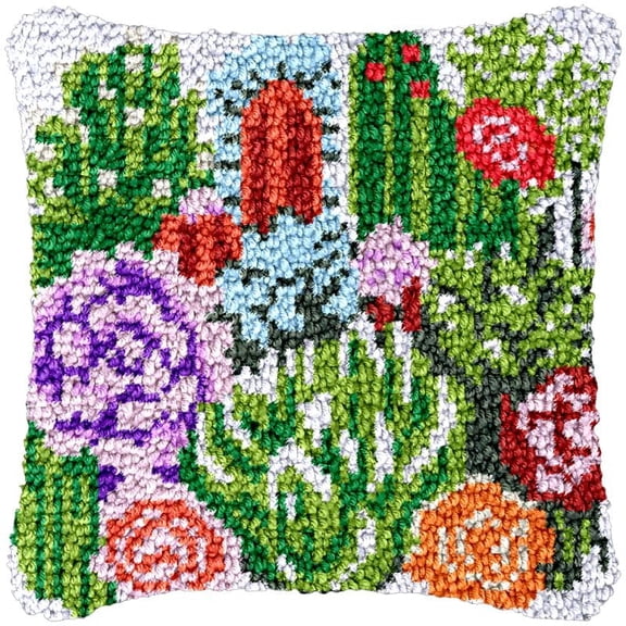 Cactus Plant Latch Hook Kits Pillow DIY Rug Cushion Making Kits with preprinted Pattern Canvas Instruction Yarns and Latch Hooking Pillow Cover Easy to Start DIY Home Decor Kits 43x43cm