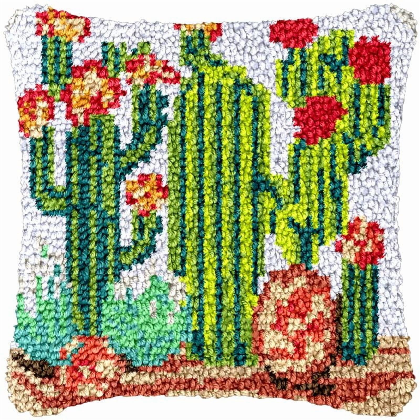 Cactus Plant Latch Hook Pillow Cover Kits for Needlework Cushion Throw Pillow Cross Stitch Crochet Hook Pillowcase Rug Kits Printed Canvas Crochet Yarn Kits Needlework 17'' X 17''