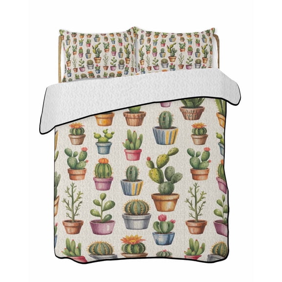 Cactus Plant Quilts Bedding Set California King Green Cactus Botanical Tropical Plant Vintage Linen Lightweight Quilted Bedspread 3 Piece Bed Quilt with 2 Pillow Shams for Bedroom 96" x 106"
