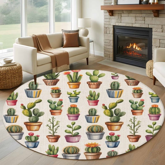 Cactus Plant Round Living Room Rugs 6 ft, Green Cactus Botanical Tropical Plant Vintage Linen Washable Area Rug with Non-Slip Sturdy Edge Binding Round Carpet for Kitchen Office Bedroom