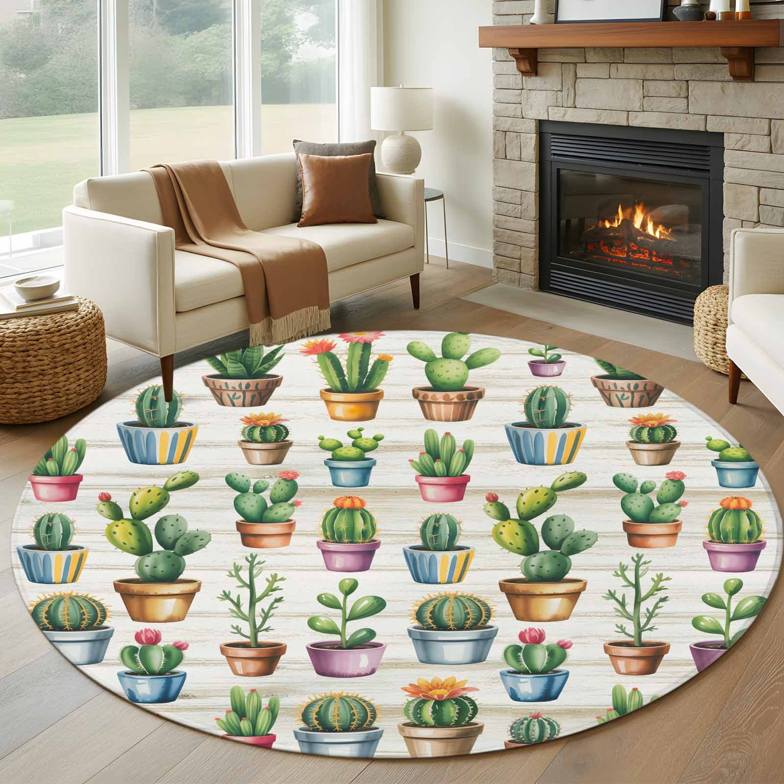 Cactus Plant Round Living Room Rugs 7 ft, Green Cactus Botanical ...