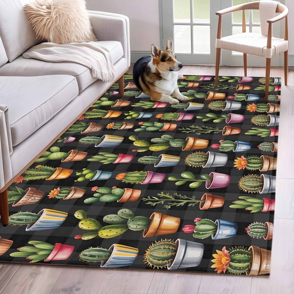 Cactus Plant Washable Area Rugs 2.7'x5', Green Cactus Botanical Tropical Plant Black Background Low Pile Throw Living Room Rug Non-Slip Sturdy Edge Binding Carpet for Indoor Entryway Bedside Kitchen