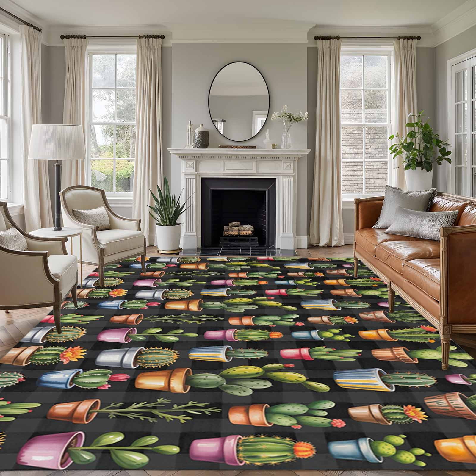 Cactus Plant Washable Living Room Rugs 5'x8', Green Cactus Botanical ...
