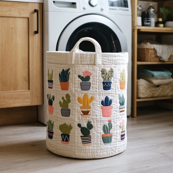 Cactus Planter Pop Quilted Laundry Basket, with Handles, Foldable Clothes Hamper for Bedroom Storage
