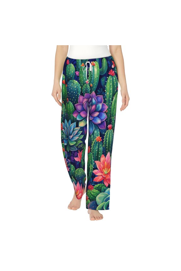 Cactus Plants Cacti Succulents Women's Comfy Pajama Pants with Pockets,Soft Stretch Drawstring Lounge Pants, Soft Casual Wide Leg PJS Sleep Bottoms Medium