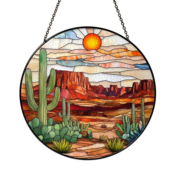 Cactus Plants Desert Scene Window Suncatcher, Decorative Stained Glass Style Nature Art, Housewarming Gift Idea