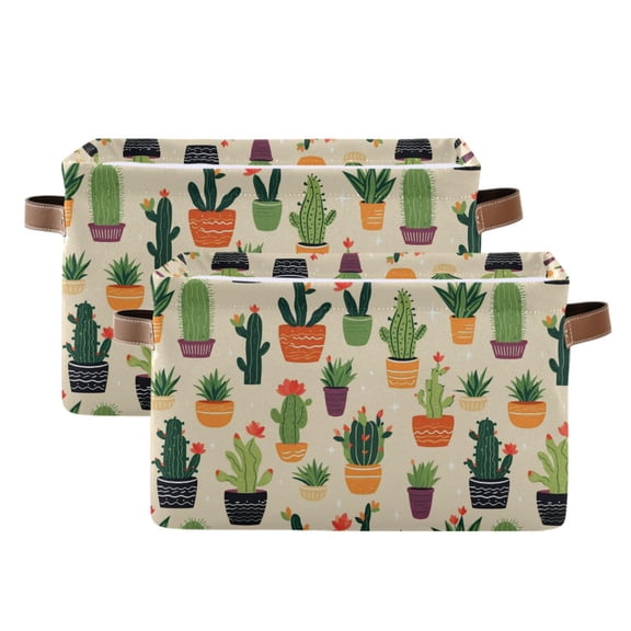 Cactus Plants Storage Bins with Handle Fabric Organizer Basket Foldable Box 2 Pack 14.2x10.2x8.3