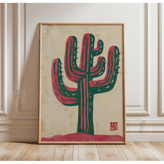Cactus Poster, Red Green Desert Plant Print, Minimal Rustic Botanical Wall Art, Poster Only