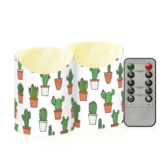 Cactus Pot Design Flameless Candles 2 PCS with Remote Realistic Moving Flame LED Tapered Pillar Set for Home Decor