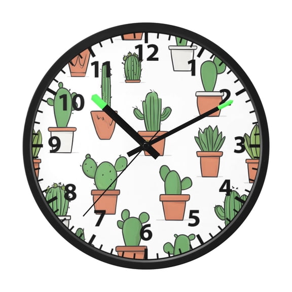 Cactus Pot Design Wall Clock 12 Inch Voice Activated Night Light Silent Non Ticking