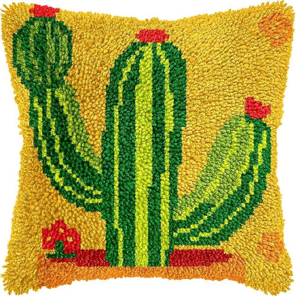 Cactus Pot Latch Hook Pillow Cover Kits for DIY Handmade Throw Pillow Cross Stitch Latch Hooking Pillowcase Kits with Preprinted Color Pattern Canvas Crochet Yarn Kits 17''X 17''(8-181)