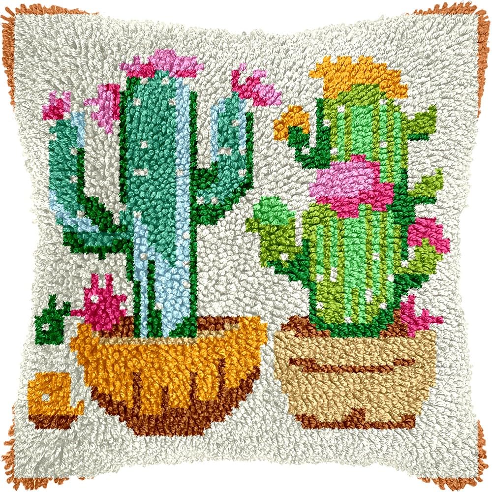 Cactus Pot Latch Hook Pillow Kits for DIY Throw Pillow Cushion Embroidery Latch Hooking Pillowcase Kits with Preprinted Canvas Crochet Yarn Kits for Home Decor 17''X 17''(d7)
