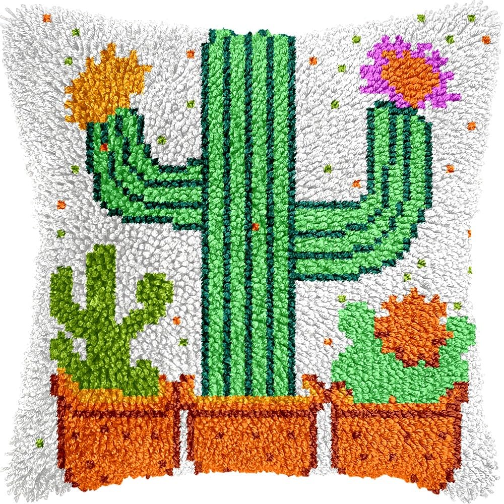 Cactus Pot Latch Hook Pillow Kits for DIY Throw Pillow Cushion Embroidery Latch Hooking Pillowcase Kits with Preprinted Canvas Crochet Yarn Kits for Home Decor 17''X 17''(j51)