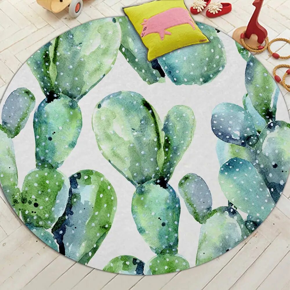 Cactus Potted Printing Round Floor Carpets Machine Washable Living Room ...