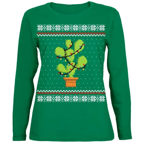 Cactus Prickly Pear Tree Ugly Christmas Sweater Womens Long Sleeve T Shirt Santa Hat