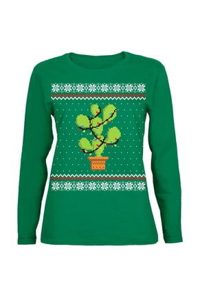Cactus Prickly Pear Tree Ugly Christmas Sweater Womens Long Sleeve T Shirt Santa Hat