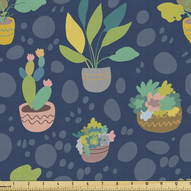 Ambesonne Cactus Print Fabric by the Yard Upholstery, House Plant Succulents, 10 Yards, Dark Sky Blue Multicolor