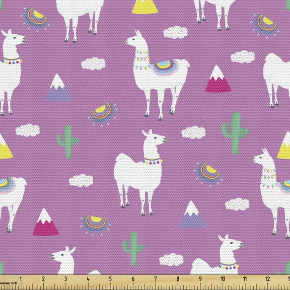 Ambesonne Cactus Print Fabric by the Yard Upholstery, Llamas and Mountains, 1 Yard, Multicolor