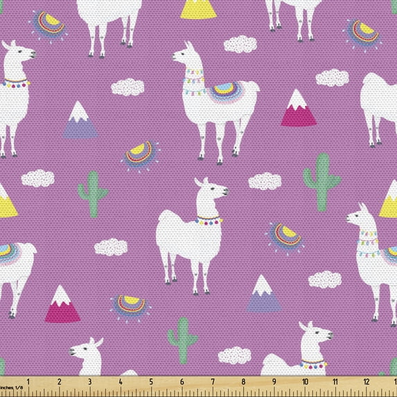Ambesonne Cactus Print Fabric by the Yard Upholstery, Llamas and Mountains, 2 Yards, Multicolor