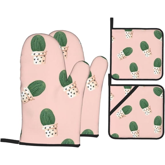 Cactus Print Kitchen Four Piece Heat-Resistant and Heat-Insulating Gloves, fit for Cooking, Baking