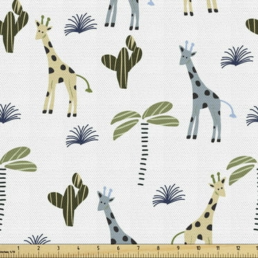 Ambesonne Cactus Print Fabric by the Yard Upholstery, Jungle Giraffes Plants, 3 Yards, White and Multicolor
