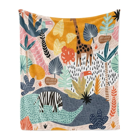 Cactus Print Soft Flannel Fleece Throw Blanket, Tropical Setting Illustrated with Colorful Forest Animals and Plantation, Cozy Plush for Indoor and Outdoor Use, 50" x 60", Multicolor, by Ambesonne