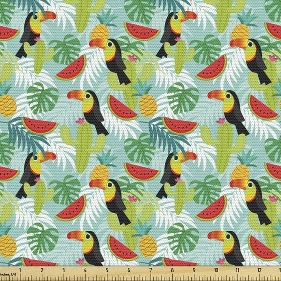 Ambesonne Cactus Print Fabric by the Yard Upholstery, Summer Forest Birds, 2 Yards, Green Multicolor