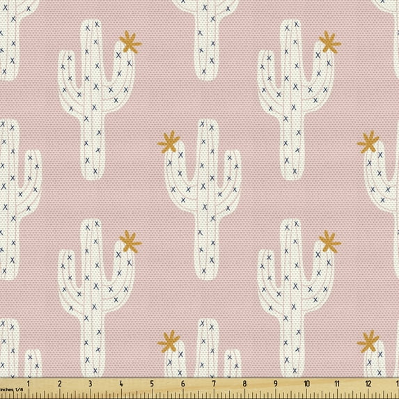 Ambesonne Cactus Print Fabric by the Yard Upholstery, Exotic Ornate Elements, 3 Yards, Blush Ivory