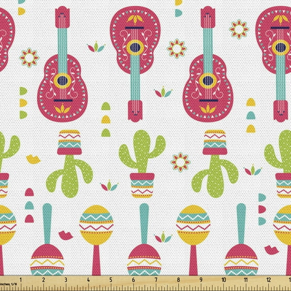Ambesonne Cactus Print Fabric by the Yard Upholstery, Cinco de Mayo Mexican, 1 Yard, White and Multicolor