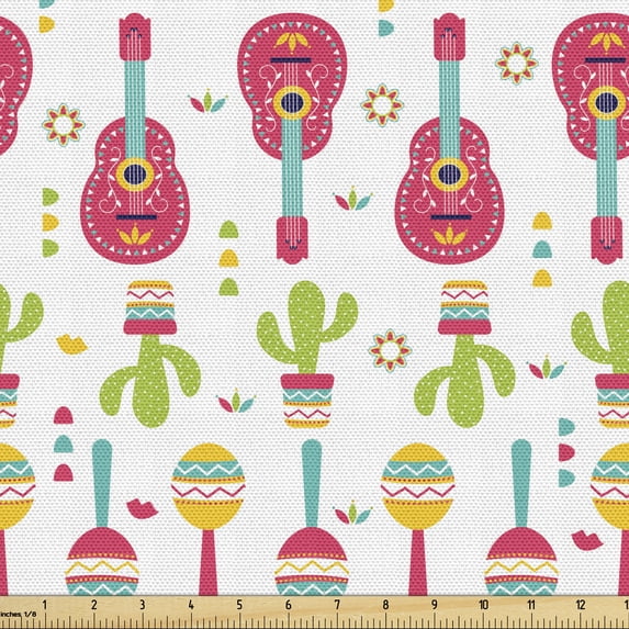 Cactus Print Upholstery Fabric by the Yard, Illustration of Celebrating Scene Cinco de Mayo Festival in Mexico, Decorative Fabric for DIY and Home Accents, 2 Yards, White and Multicolor by Ambesonne