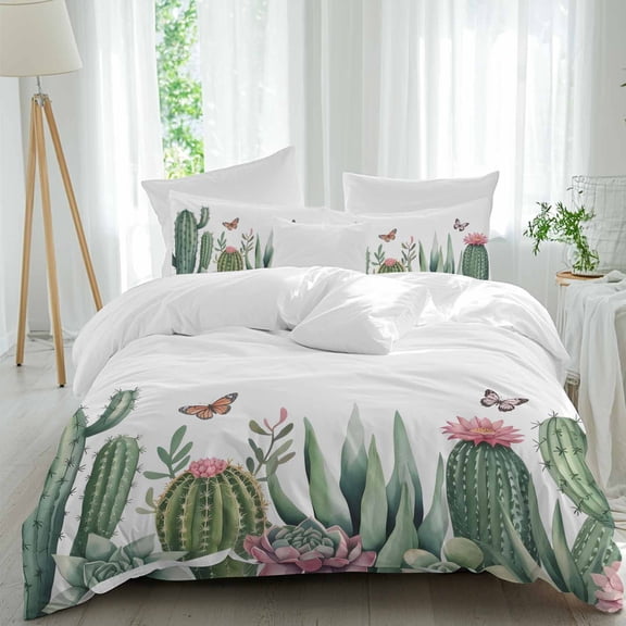 Cactus Queen Size Comforter Set, Butterfly Succulents Summer Tropical Plants Bedding for All Seasons, 4 Pcs Bed Set, 1Quiltcover (90"x92") ,1Sheet(94"x116"), 2Pillowcases (30"x20")