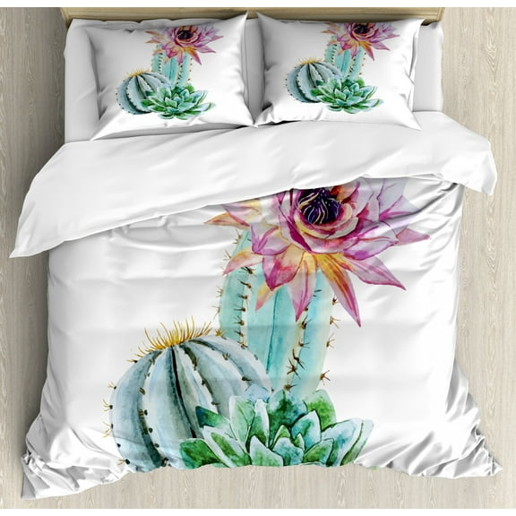 Cactus Queen Size Duvet Cover Set, Cactus Spikes Flower in Hot Mexican Desert Sand Botanical Natural Image, Decorative 3 Piece Bedding Set with 2 Pillow Shams, Pink Green and Blue, by Ambesonne